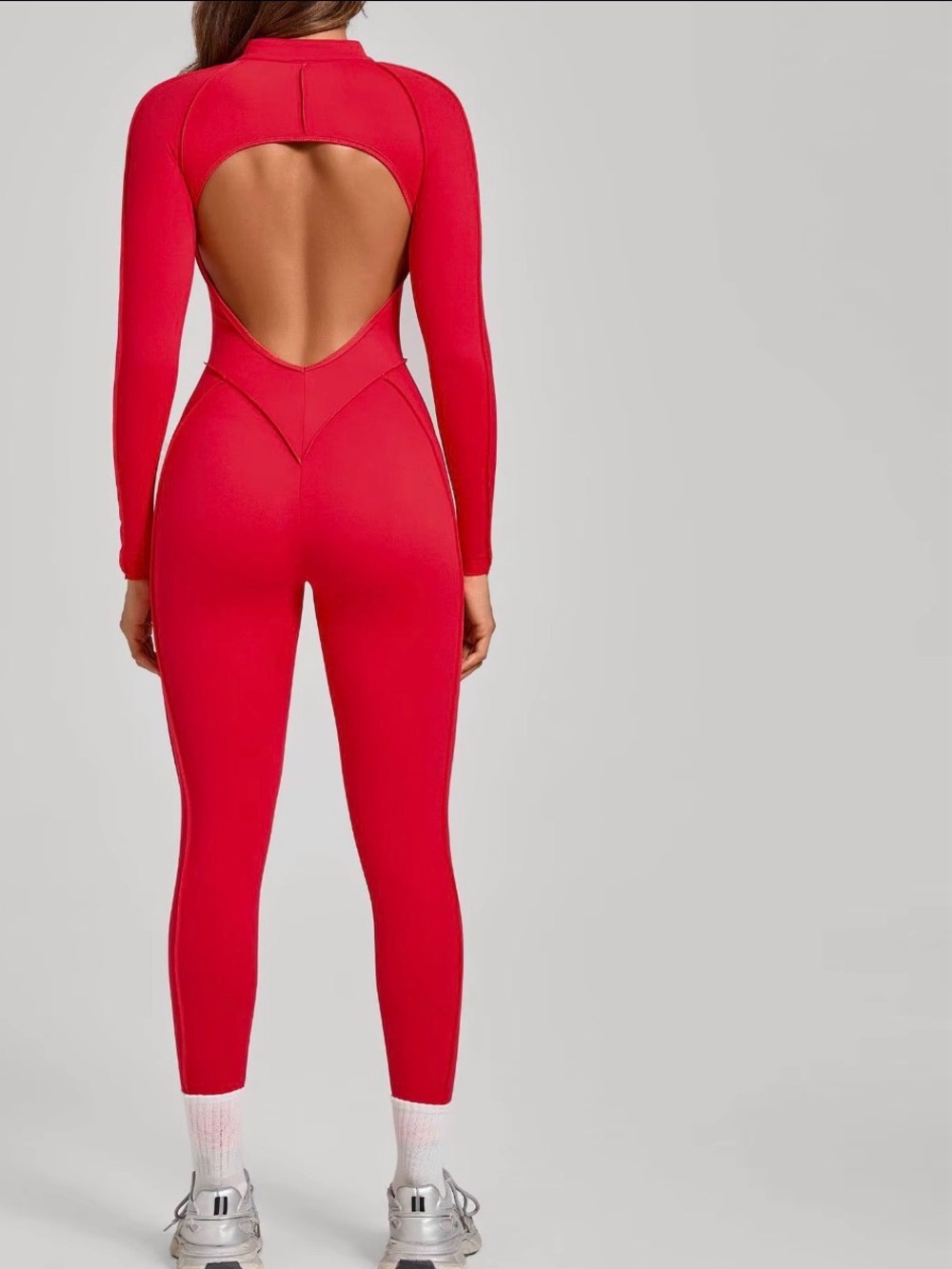 Red Open-Back Long Sleeve Jumpsuit pants
